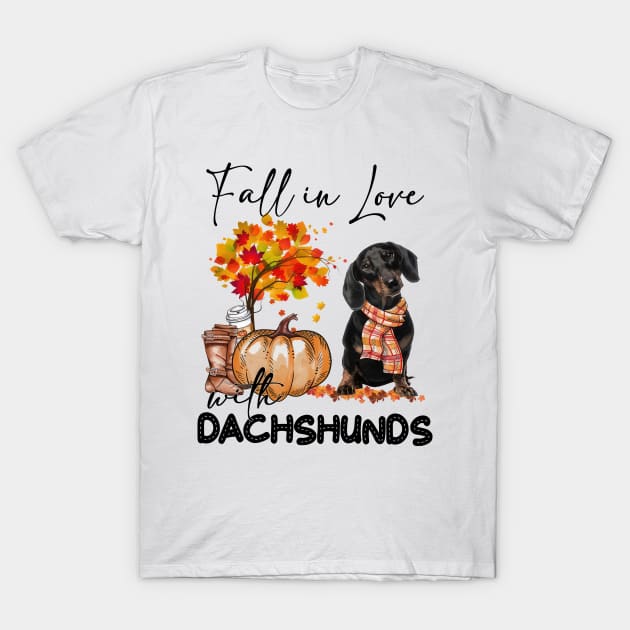 Fall In Love With Dachshunds Dog Fall Pumpkin Thanksgiving T-Shirt by TATTOO project